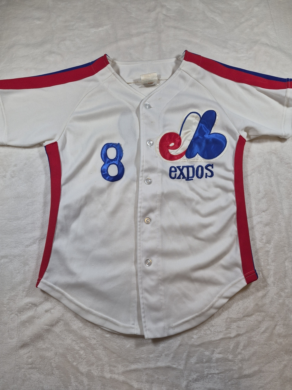 Vintage 70's Kids White Baseball Montreal Expo Jersey with Red & Blue Accents